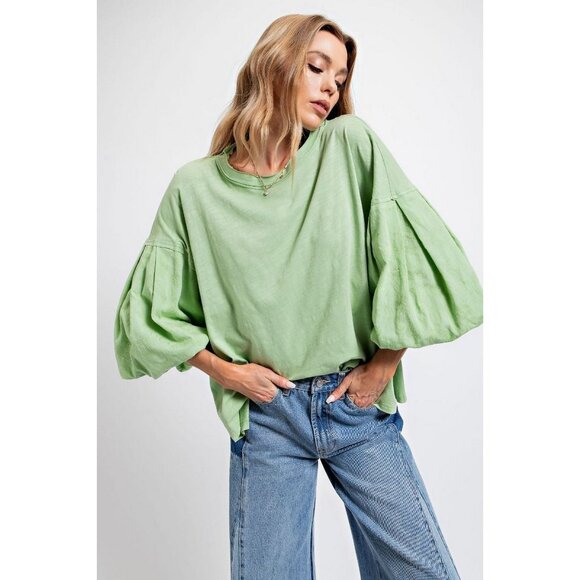 Easel Sage Green Mineral Washed Embroidered Balloon Sleeves Loose Fit Top - Picture 2 of 5